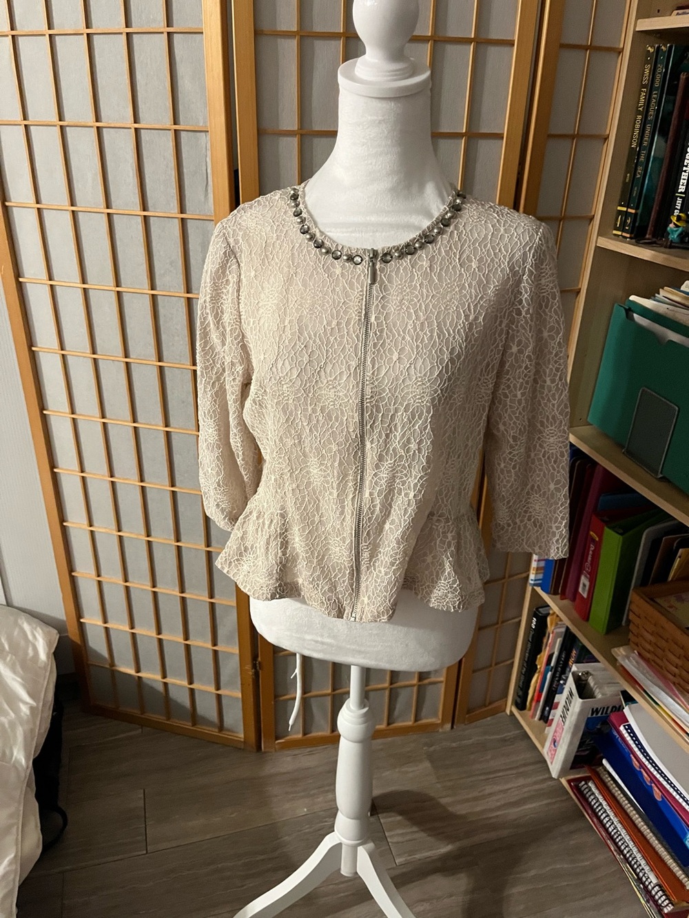 Vintage Ruby Rd Cream Lace Peplum Jacket Embellish Neckline Grandma Retro 14 P